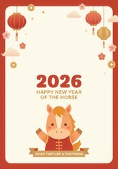 Happy New Year of the Horse 2026 Celebration with Cute Cartoon Character and Traditional Decorations.