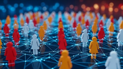 A 3D illustration of diverse colored human figures standing on a network of glowing blue lines and nodes, with a blurred cityscape background and a sense of connection and community.