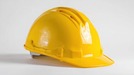 A yellow construction hard hat is placed on a white background.