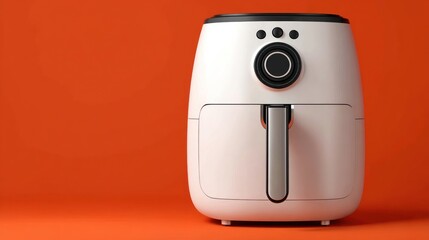 A modern white air fryer sits on an orange background.