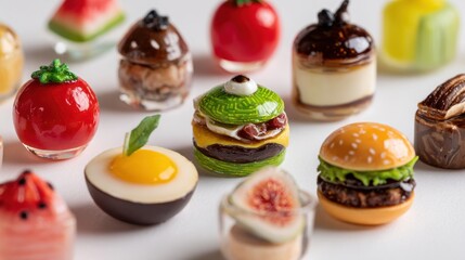 A delightful assortment of miniature desserts styled to resemble popular foods like burgers and fruits.