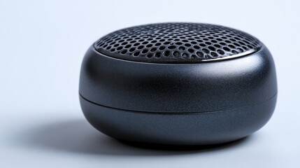 A small, dark, portable speaker sits on a plain surface with soft lighting.