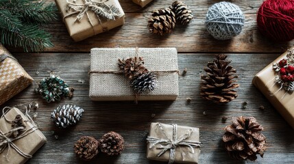 Overhead shot of rustic wrapped gifts, pinecones, yarn and greenery on a weathered wooden surface, festive aesthetic