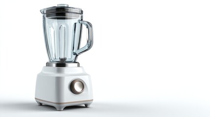 A white kitchen blender sits on a white surface with a simple design.