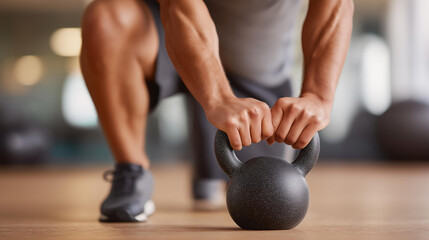 Fototapeta premium Faceless dynamic kettlebell training functional fitness session in modern gym environment, strength conditioning workout, athletic functional exercise, defocused person with kettle