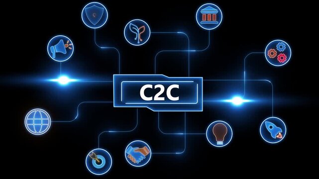 Digital C2 C Consumer to Consumer concept with interconnected icons and glowing blue lines on black background