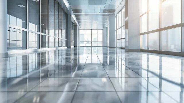 Bright and spacious corporate workspace with reflective flooring.