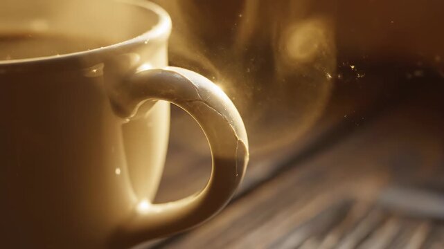 A steaming coffee cup rests on wooden table with warm light shining. Display of morning coffee in indoor setting with soft focus on cup. Concept of cafes, coffee shops, hospitality