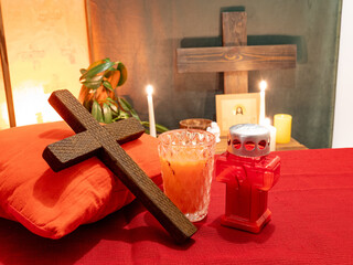 Religious illustration of Jesus  on altar with candles in church