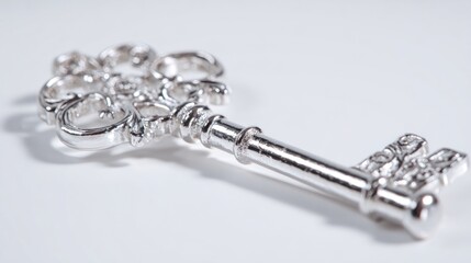 A decorative antique silver key rests on a plain white surface, symbolizing access.