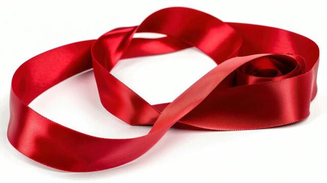 A vibrant red ribbon arranged in a soft, elegant spiral pattern on white background. Perfect for gift wrapping or festive decorations.