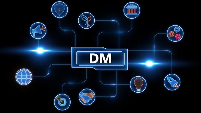 DM Digital Marketing Concept with Connected Icons and Glowing Lines on Black Background Keywords: DM, Digital Marketing, Concept, Business, Technology, Icons, Network, Connection, Strategy