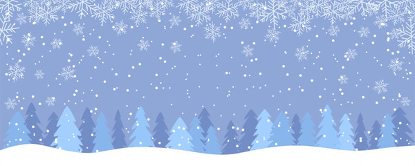 Winter forest in snowy weather with beautiful falling snowflakes. Winter forest landscape with falling snow. Vector illustration of winter nature for Christmas design. Hiking concept.