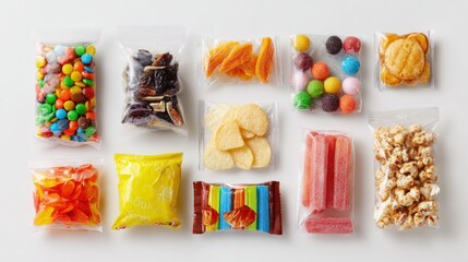 A variety of individual snack bags are laid out on a white surface.