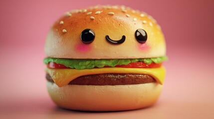 A cute kawaii cheeseburger character with a smiling face on a pink background.