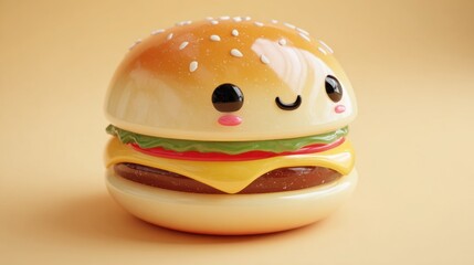 A cute, kawaii-style hamburger charm with a happy face and rosy cheeks.