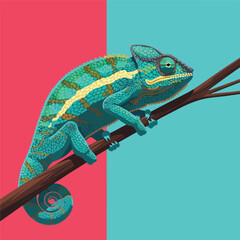 Detailed Chameleon Illustration on Branch with DualTone Background.