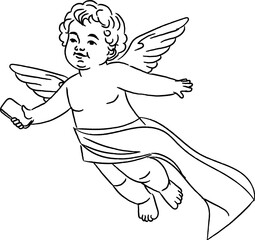 Fototapeta premium Cupid Holding Smartphone Line Art