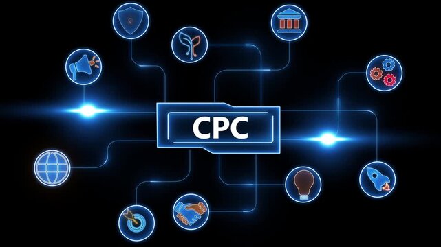 Digital marketing CPC concept diagram with connecting icons and glowing blue lights on black background