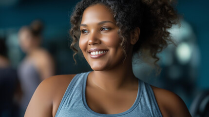 Faceless happy plus size woman working out in gym, body positive fitness, inclusive athletic environment, diverse body types exercising, defocused person training, with copy space