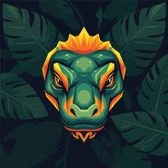 Detailed Illustration of a Green and Orange Dinosaur Head.