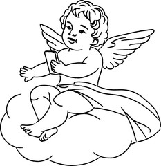 Fototapeta premium Cherub Using Smartphone Line Art