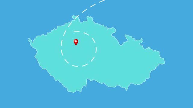 Czech Republic,  Prague Map with Location Pin and Airplane Travel Route Animation