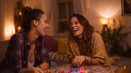 Fototapeta premium Happy Lesbian Couple Playing Board Games in Warm Toned Cozy Living Room