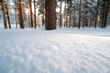 Unspoiled snow blankets the forest floor, enveloping the pine trees in a serene atmosphere, evoking feelings of tranquility and untouched beauty in the winter landscape.