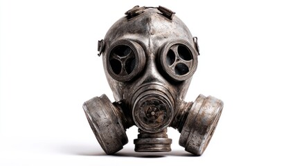 A well-worn, vintage gas mask sits isolated against a clean white background.