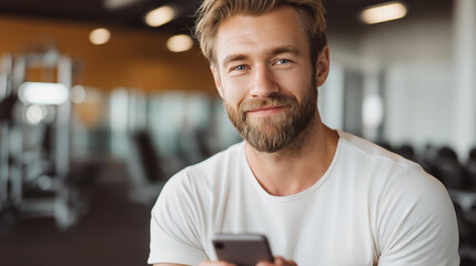 Faceless happy athletic man using mobile phone while working out in gym and looking at camera, fitness technology integration, workout social media, defocused person with device, w