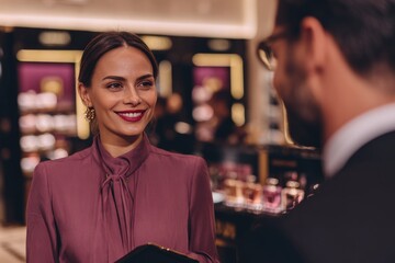 Shop assistant helping customer in beauty store