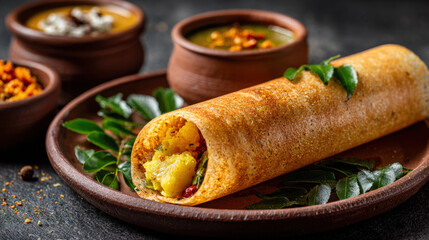 Authentic Indian Masala Dosa: Crispy, Golden-Brown Crepe Roll Stuffed with Spiced Potato Filling, Garnished with Fresh Curry Leaves, Served with Sambar and Chutney in Traditional Earthenware Bowls