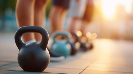 Faceless kettlebell weightlifting group training after lockdown outside city, get in shape outdoor fitness, post-quarantine exercise, community workout session, defocused participa
