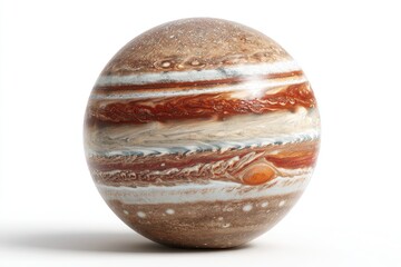 A model of Jupiter rests on a white background, showcasing its distinct bands and Great Red Spot.