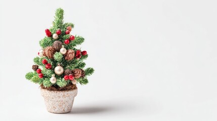 A small, decorated Christmas tree sits in a pot against a white background.