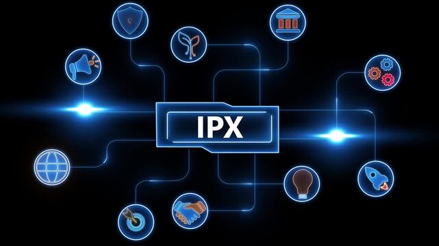 IPX network diagram with connected icons representing various business and technology concepts on a dark background