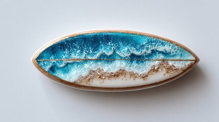 A miniature surfboard cookie displays a realistic ocean wave and sandy beach scene.