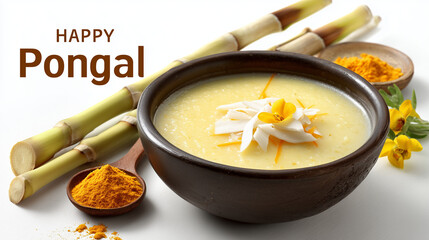 Pongal dish with sugarcane, Turmeric and coconut on white background. Happy Pongal.