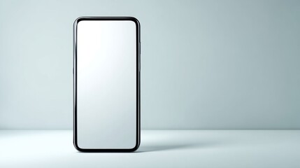 A modern smartphone stands on a clean surface with a blank screen.