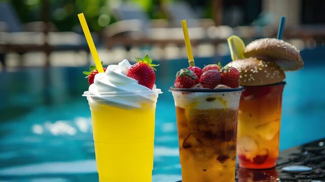 A refreshing view of a relaxing poolside drink break.