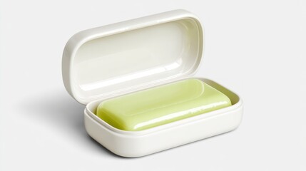 A light green bar of soap sits in a white soap dish with its lid open.