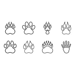 A set of animal paw print outline icons designed as simple and clear symbols.
Each icon features a clean black outline on a white background with consistent stroke weight.
The paw prints
