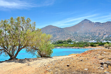 View at peaceful gulf and town of Elounda, Crete, Greece	