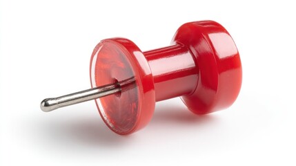 A close-up studio shot of a single red pushpin against a white background.