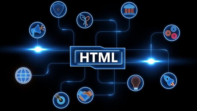HTML markup language diagram with connected technology and business icons on a dark background HTML