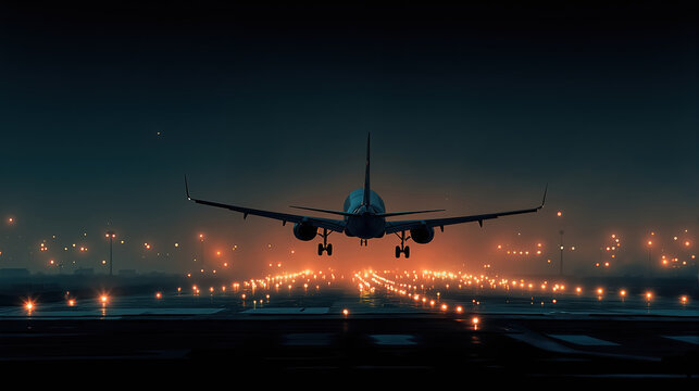 Airplane descends on illuminated runway during nighttime landing at airport