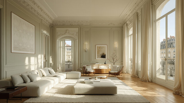 Elegant parisian apartment interior with luxurious decor and large windows