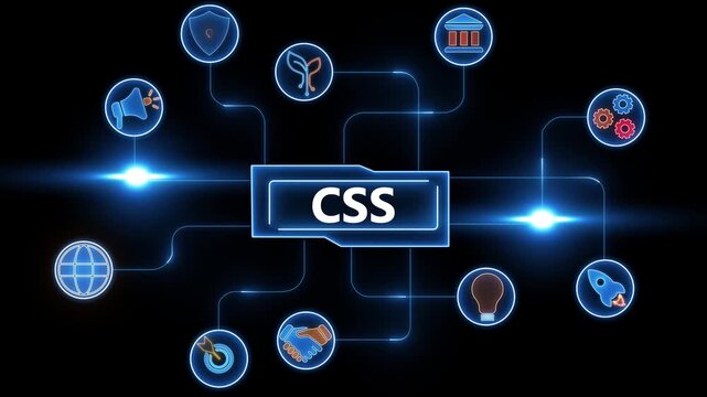 CS stylesheet language diagram with connected technology and business icons on a dark background network