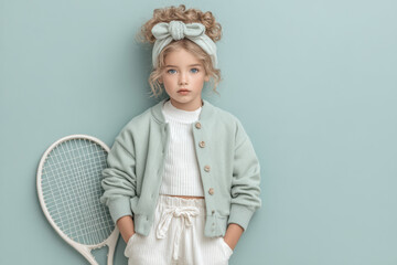 Portrait of little girl with tennis racket in stylish outfit on soft blue background, cute child and sport concept